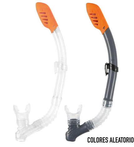 Intex Easy Flow snorkel tube for watersports, showing the bright orange snorkel with mouthpiece and adjustable strap for outdoor swimming.