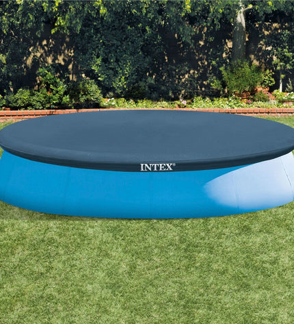 Intex marine blue circular pool cover for 396 cm diameter pool, four-piece set, suitable for garden pools and outdoor use.