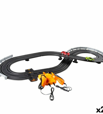 Two Speed & Go race car toys on a colorful track, featuring vibrant design and racing details, ideal for children's play.