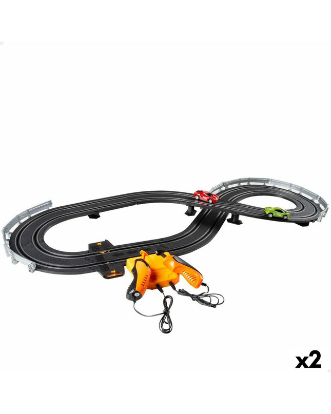 Two Speed & Go race car toys on a colorful track, featuring vibrant design and racing details, ideal for children's play.