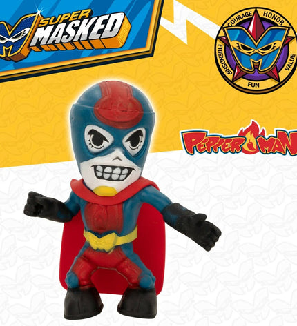 Eolo Super Masked Pepper Man action figures, 14x15.5x5.5 cm, flexible toys, set of 12, colorful superhero-themed plastic figures.