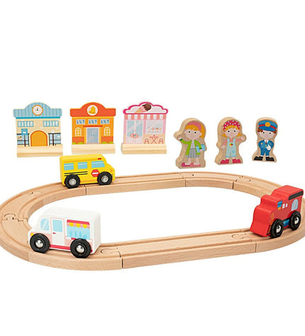 Woomax train set with 6 colorful toy trains and tracks, measuring 39 x 1 x 26 cm, for imaginative play and vehicle fun.