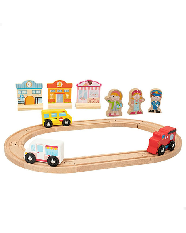 Woomax train set with 6 colorful toy trains and tracks, measuring 39 x 1 x 26 cm, for imaginative play and vehicle fun.