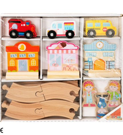 Set of six Woomax train toy circuits, each measuring 39 x 1 x 26 cm, for children’s train play and construction.