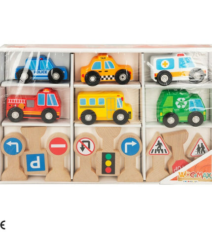 Woomax Voertuig Speelset with 15 parts, including 6 toy vehicles, suitable for children, made of colorful plastic, in a playful setting.
