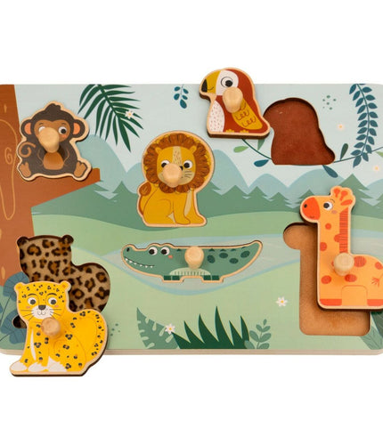 Set of 12 wooden children's puzzles by Woomax, featuring colorful animal shapes for kids' educational play.