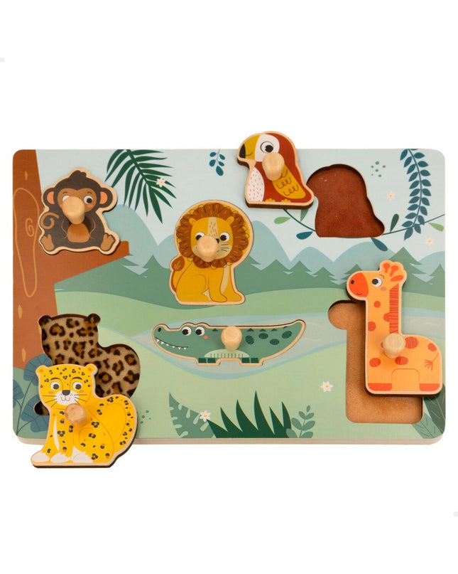 Set of 12 wooden children's puzzles by Woomax, featuring colorful animal shapes for kids' educational play.