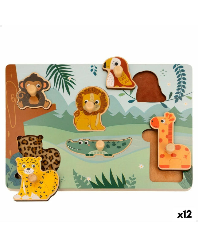 Colorful Woomax wooden kids' puzzle set with 12 pieces, designed for children's educational play and cognitive development.