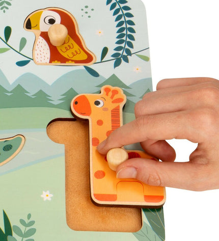 Colorful wooden children's puzzle set by Woomax with 12 pieces, featuring bright, child-friendly designs for young learners.