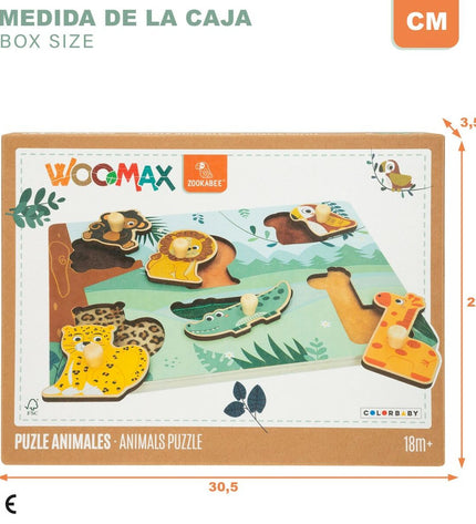 Colorful wooden children's puzzle set by Woomax with 12 pieces, featuring bright, natural wood finish for young kids' play and learning.