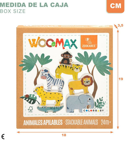 Woomax baby agility game with 16 animal-shaped pieces, colorful wooden toy for early development and fine motor skills.