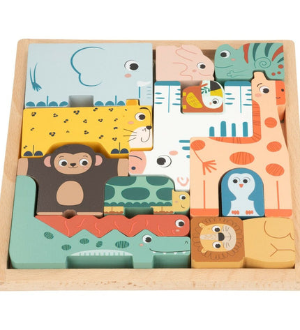 Set of six Woomax wooden children's puzzles, colorful and educational toys for kids, featuring different fun shapes and images.