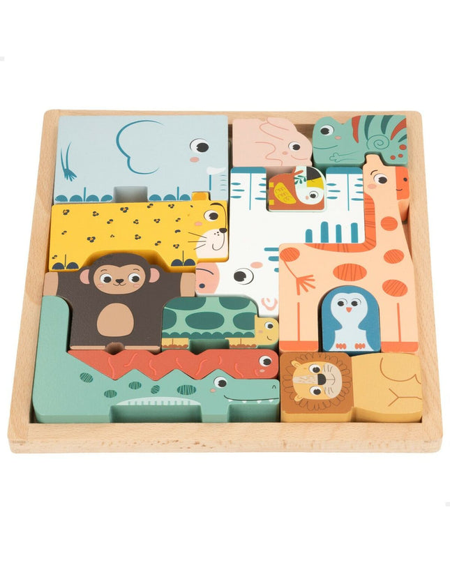 Set of six Woomax wooden children's puzzles, colorful and educational toys for kids, featuring different fun shapes and images.