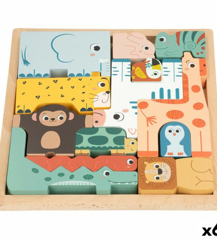 Woomax houten kinderpuzzel set with six colorful puzzle pieces for children’s educational play and brain development.