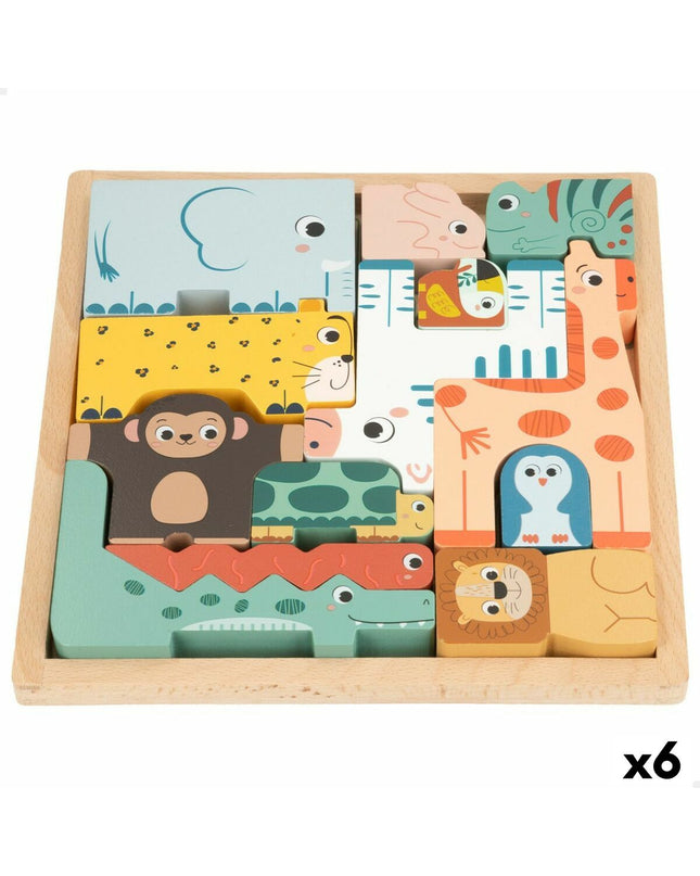 Woomax houten kinderpuzzel set with six colorful puzzle pieces for children’s educational play and brain development.
