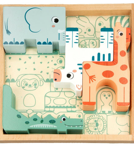 Set of six wooden children's puzzles by Woomax featuring colorful, interlocking pieces for early learning and fun.