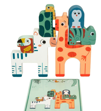 Set of six wooden children's puzzles by Woomax, colorful educational toys for kids, featuring interlocking pieces and bright illustrations.