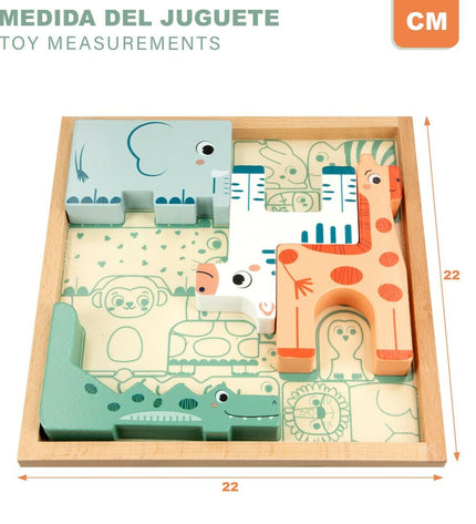 Set of six wooden children's puzzles by Woomax featuring colorful, interlocking pieces for kids' play and brain development.