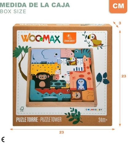 Set of six wooden children's puzzles by Woomax, colorful educational toys for kids' developmental play.