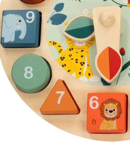 Set of six Woomax educational animal clocks for babies and young children, featuring colorful animal designs for early learning.