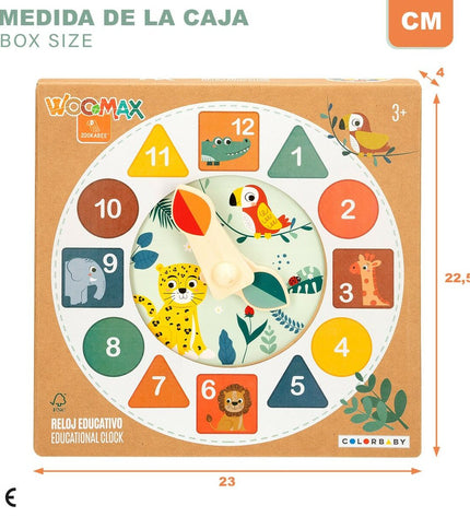 Set of six Woomax educational animal-themed clock toys for babies and young children, featuring colorful animal illustrations.