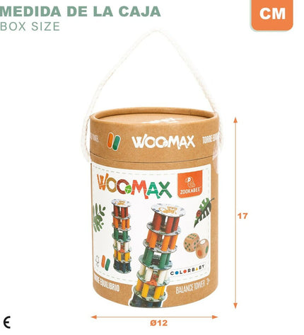 Woomax Bouwspel 36 onderdelen speelgoed set with six colorful building pieces on a white background.