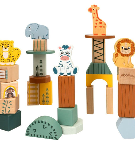 Woomax Bouwspel dieren set with 28 plastic building pieces, including animal-themed parts for creative play and construction.