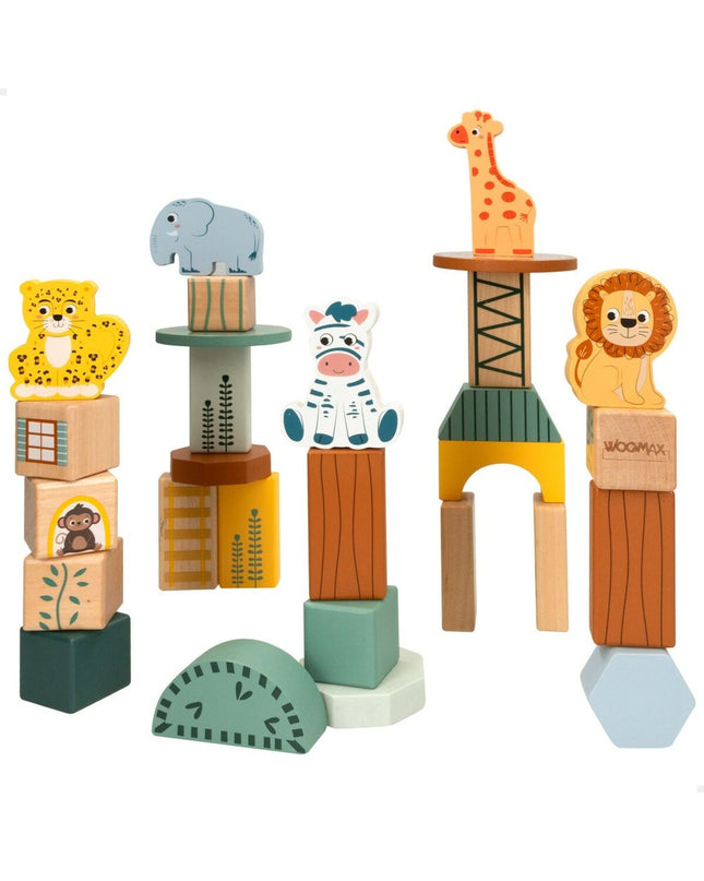 Woomax Bouwspel dieren set with 28 plastic building pieces, including animal-themed parts for creative play and construction.