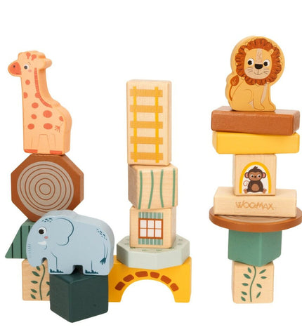 Woomax Bouwspel dieren set with 28 colorful interlocking pieces for creative building and play.