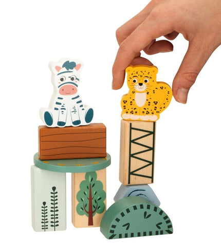 Woomax Bouwspel dieren set with 28 colorful building pieces for creative play, featuring various animal-themed construction parts.