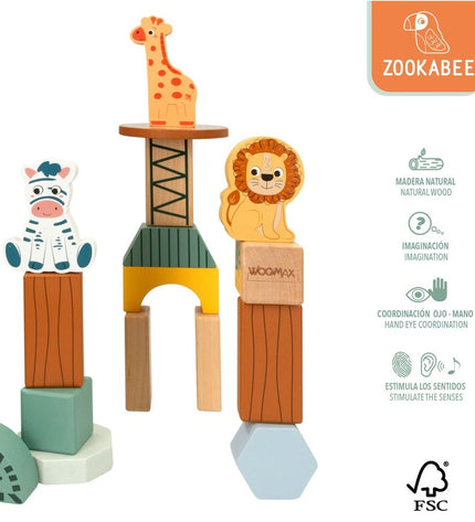 Woomax Bouwspel dieren set with 28 colorful building pieces for creative play and construction fun.