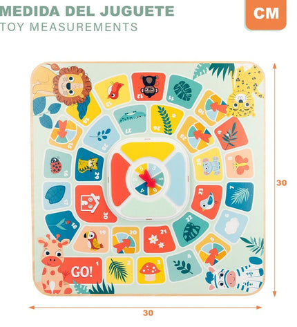 Woomax Parchis en Oca game board for children featuring colorful animal designs, measuring 30 x 3 x 30 cm, includes six pieces.