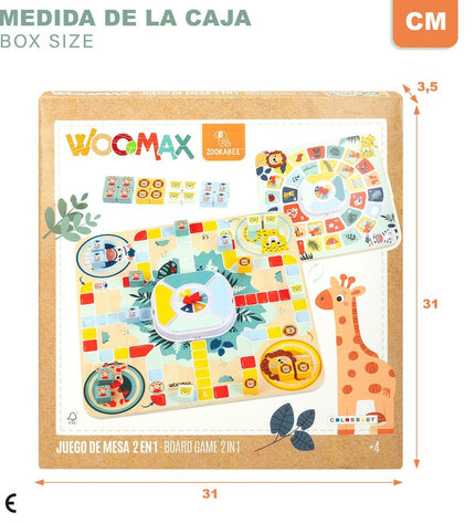 Woomax Parchis en Oca spelbord set featuring colorful animal-themed game pieces for children, 30x30 cm size.