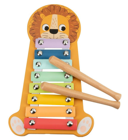 Six Woomax lion-shaped wooden xylophones, children’s musical instruments, measuring 16x2.5x26 cm, arranged in a row.
