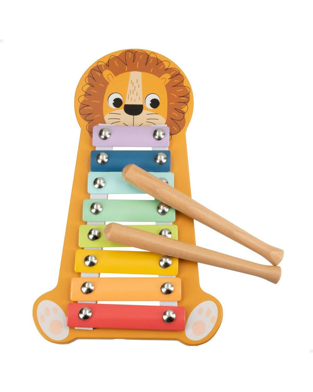 Six Woomax lion-shaped wooden xylophones, children’s musical instruments, measuring 16x2.5x26 cm, arranged in a row.