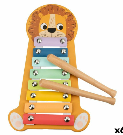 Six Woomax lion-shaped wooden xylophones, children's musical instruments, showing colorful animal designs and wooden keys.