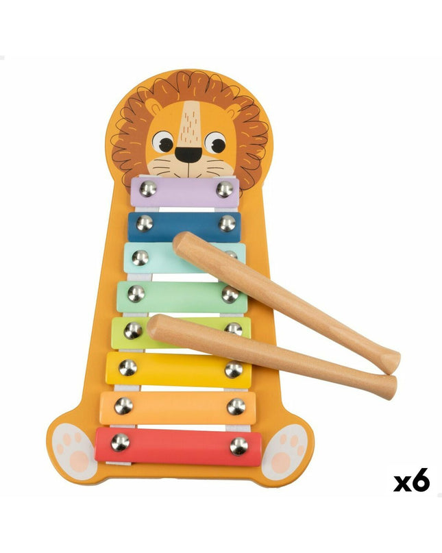Six Woomax lion-shaped wooden xylophones, children's musical instruments, showing colorful animal designs and wooden keys.