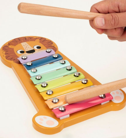 Set of six Woomax wooden xylophones for kids, lion-shaped musical toys, measuring 16x2.5x26 cm, colorful and child-friendly.