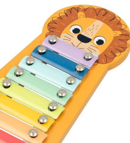 Six Woomax wooden xylophones with lion design, each measuring 16x2.5x26 cm, colorful children’s musical toy instruments.