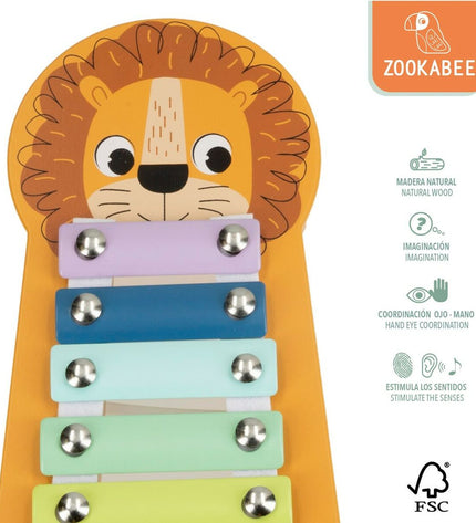 Set of six Woomax wooden xylophones with lion design, 16x2.5x26 cm, children's musical toy and game instrument for kids.