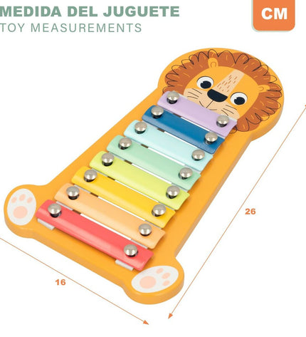 Set of six Woomax wooden xylofoon toy instruments with lion design, measuring 16 x 2.5 x 26 cm, for children's musical play.