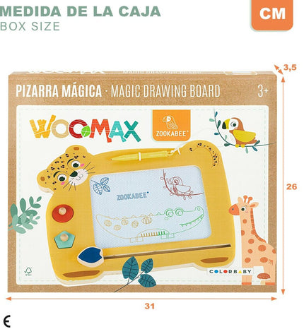 Six Woomax Magisch Schoolbord Zookabee Tijger wooden boards for creative play, measuring 30x2.5x26 cm each, featuring tiger design.