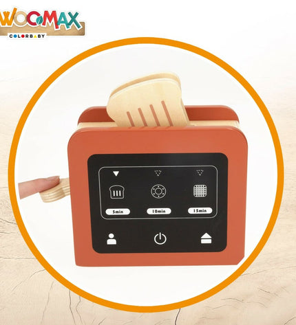 Woomax speelgoedbroodrooster set with 10 parts, including four wooden toasters, measuring 18.5x12.5x7.5 cm, for pretend play.