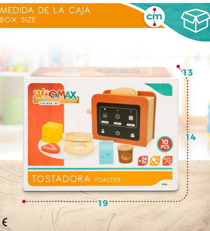 Woomax speelgoedbroodrooster set with 10 parts, miniature kitchen toy, measuring 18.5 x 12.5 x 7.5 cm, four-piece imitation game set