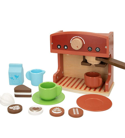 Set of four Woomax toy coffee machines for pretend play, colorful plastic play kitchen accessories for kids.
