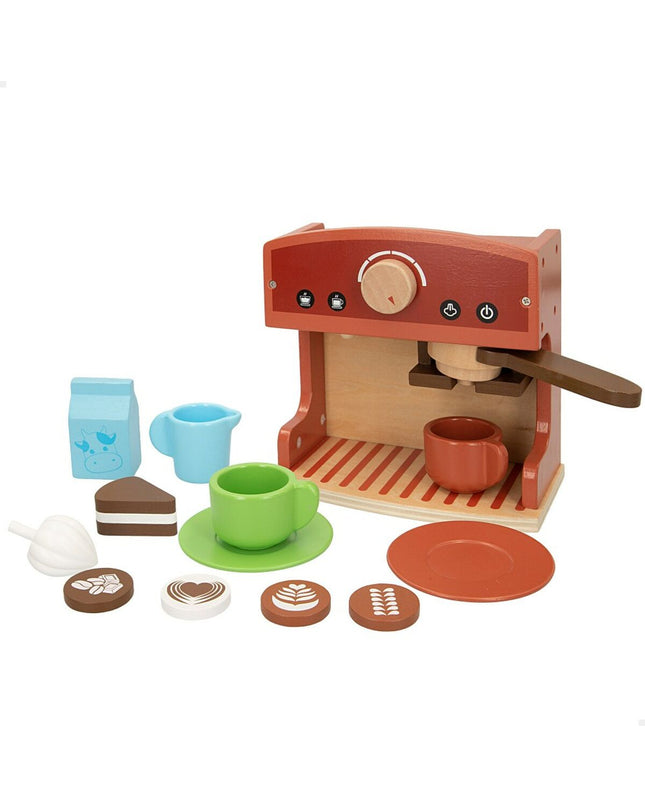 Set of four Woomax toy coffee machines for pretend play, colorful plastic play kitchen accessories for kids.