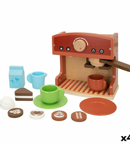 Set of four Woomax toy coffee machines for pretend play, designed for children’s imaginative games.