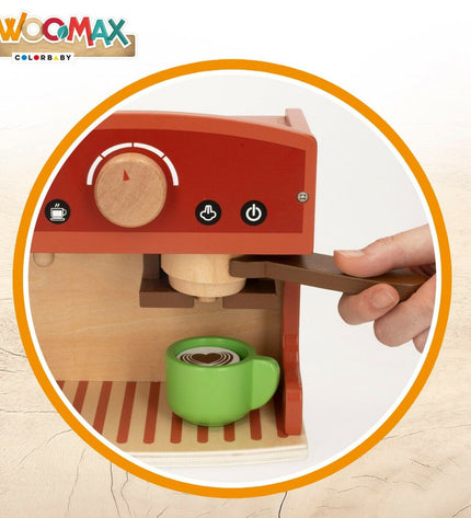 Set of four Woomax toy coffee machines, realistic miniature playset for imaginative pretend coffee shop games.