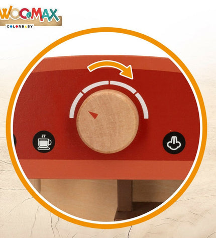 Set of four Woomax toy coffee machines, colorful pretend play kitchen gadgets for kids in a playful setting.