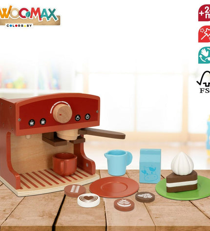 Set of four Woomax toy coffee machines for pretend play, colorful plastic imiteerspelletjes for children.